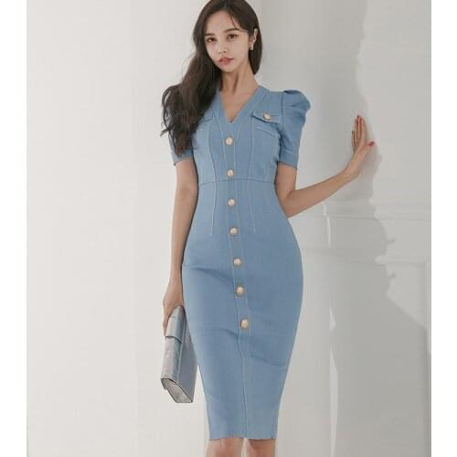 Fashion Summer Korean Vintage Puff Sleeve V-Neck Midi Party Dress Ladies OL Streetwear Elegant Casual Button Split Bodycon Dress