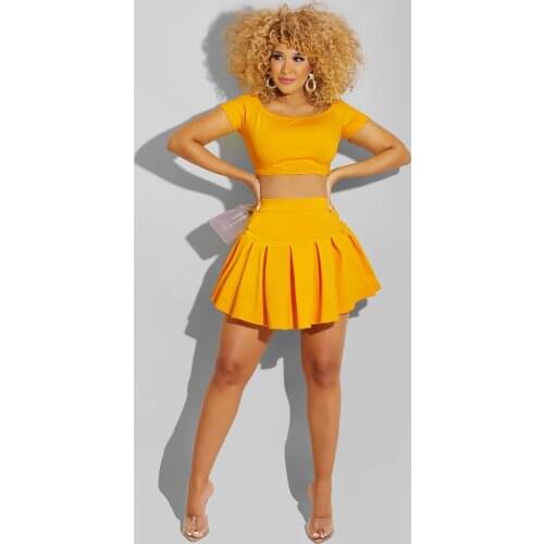 Fashion Sexy Word Shoulder Short-Sleeved Pleated Skirt And Belly Home Outdoor Summer Two-Piece Suit