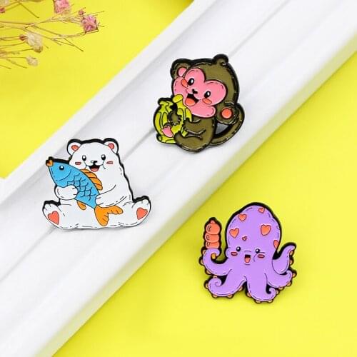 Start to eat! Cartoon animal Octopus monkey bear fish Enamel Brooch Banana sugar gourd food Lapel Pin Lovely jewelry badge gift