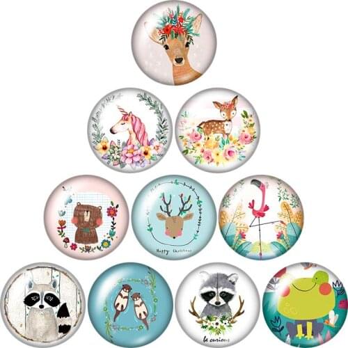 Lovely unicorn Elk Bear Raccoon 10pcs 12mm/16mm/18mm/25mm Round photo glass cabochon demo flat back Making findings ZB1104