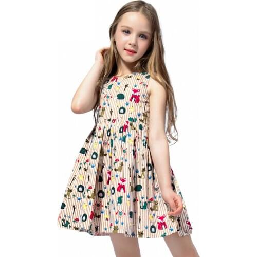 Little Baby Girls Summer Vest Style Dress Striped O-neck Sleeveless Cartoon Animal Printing High Waist A-line Princess Dresses