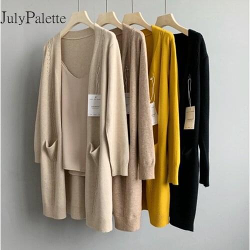 JulyPalette Casual Midi-length Knitted Cardigan Women Coats Autumn Winter Soft Pocket Sweater Outwear Loose Ladies Cardigans