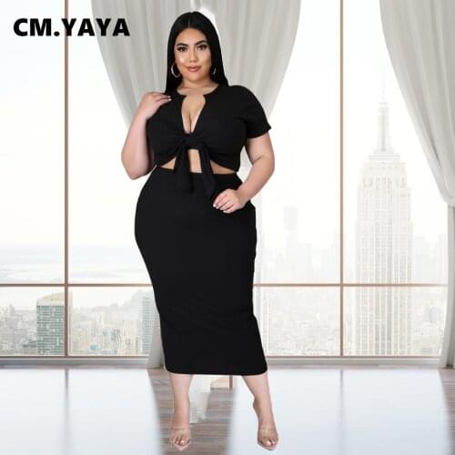 CM.YAYA Women Plus Size Set Solid Short Sleeve Bandage V-neck Crop Tops Skinny Long Skirts Two 2 Piece Set Fashion Outfit Summer