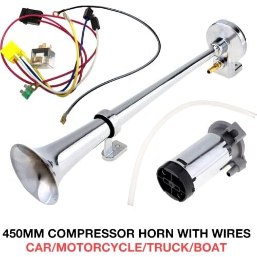 17 Inch 12V / 24V 150DB Super Loud 12V Single Trumpet Air Horn Compressor Kit for Car Truck Boats Motorcycles Vehicles
