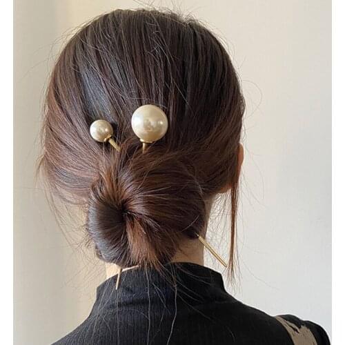 2021 New Delicate Metal Geometic Disk Hairpins 3 Size Pearl Ball Head Long Hair Sticks Headwear Accessories for Women