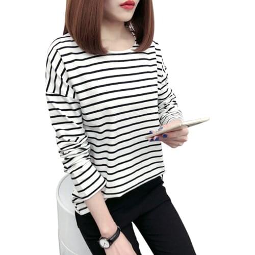 S~2XL Women Top Fashion Casual 2019 New Spring T-Shirts Stripe Long Sleeve Round Neck Loose Cotton Bottoming T-shirt Women ZW199