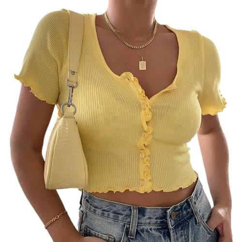 New Sexy Women Cardigan V-neck T-shirt Summer Short Sleeve Ruffle T-shirts Clubwear Buttons Bodycon Frilly Solid Color Crop Tops