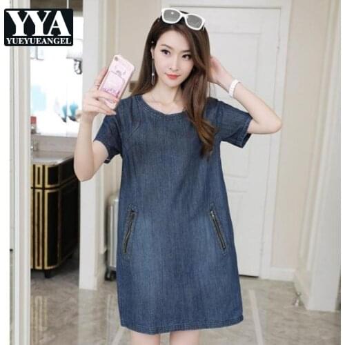 Plus Size Women Loose Fit Summer Short Sleeve Denim Dress A Line Preppy Style Jeans Dresses Casual Tops Girls Estidos De Verano
