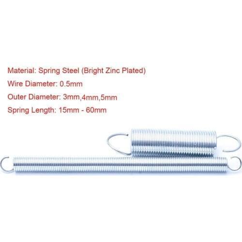 10Pcs 0.5mm Wire Diameter Bright Zinc Plated Extension Spring Tension Spring With Open Hook Outer Dia 3/4/5mm Length 15-60mm