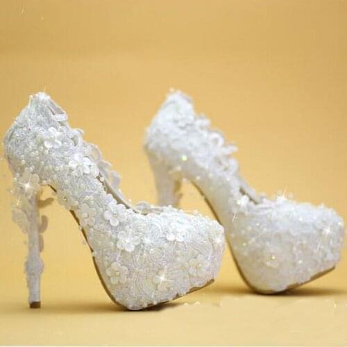 2020 New Women Party PumpsWedding Shoes White Lace Elegant Bride Dress Shoes Thin Heel Platform Bridesmaid Shoes