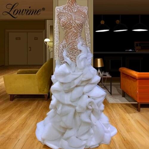 Dubai Illusion Handmade Beaded Pearls Evening Dress Plus Size Mermaid Long Party Gown Celebrity Prom Dresses Arabic Muslim Dress