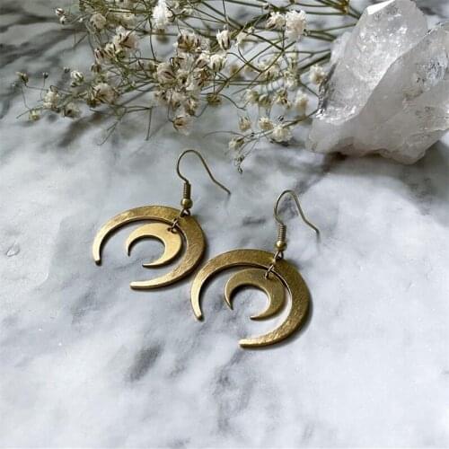 Double Crescent Moon Earrings Textured Raw Brass Celestial Boho Hippie Jewelry Punk Women Gift Fashion Statement Trend Metal