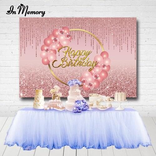 Pink Rose Gold Glitter Bokeh Backdrops For Girl Lady Woman Happy Birthday Party Photography Backgrounds Gold Circle Balloons