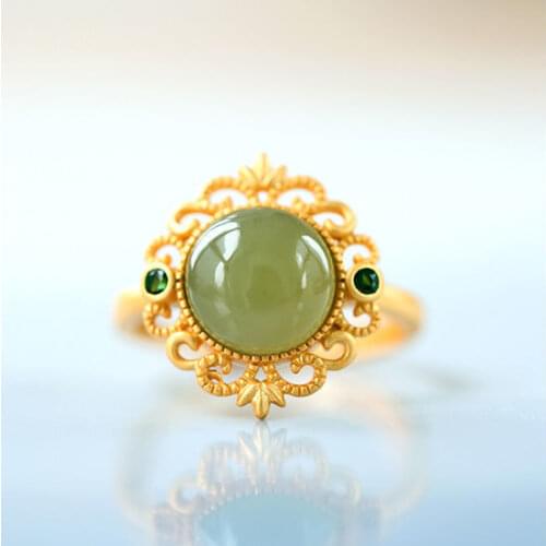 Natural Hetian Jade Gray Jade Ring S925 Sterling Silver Inlaid Gray Jade Hollow Carved Elegant Fashion Ring Ornament for Wome