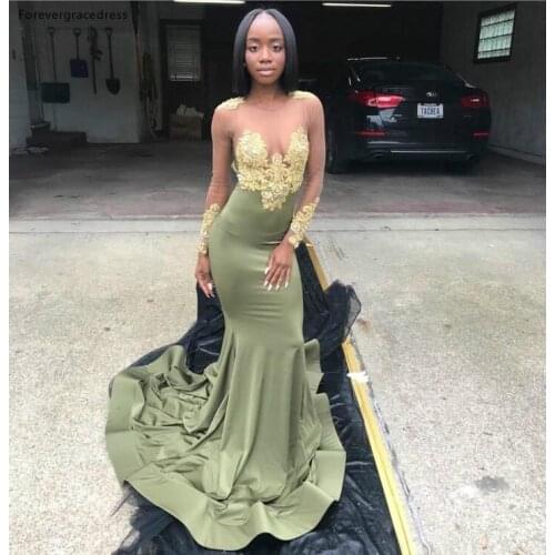 Illusion Long Sleeve Mermaid Prom Dresses With Gold Lace Plus Size African Black Girls Evening Party Gowns