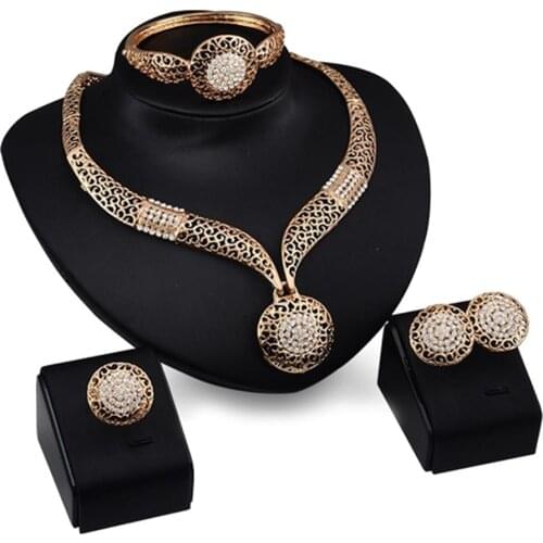 Vintage Hollow Round Pendant Necklace Bracelet Ring Earrings Party Jewelry Set