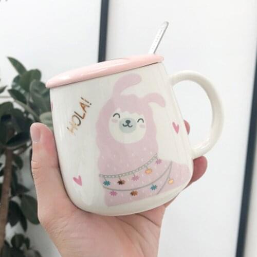 New 400mL Cute Cartoon Alpaca Ceramic Mug with Lid and Spoon Personalized Milk Tea Coffee Drinking Cup Best Gift for Girlfriends