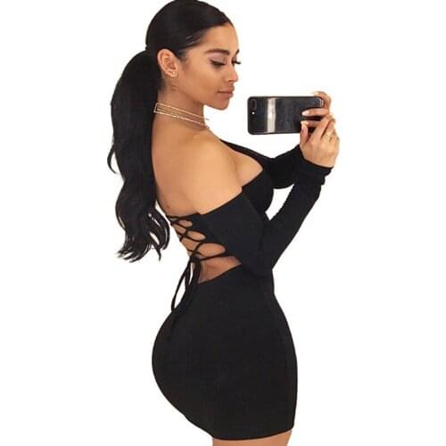 Summer Sexy Backless Lace Up Dress Fashion Off Shoulder Party Dress Women Long Sleeve Black Club Bodycon Dresses