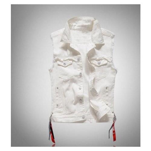 White Denim Vest Men Distressed Solid Color Pockets Cowboy Ribbons Male Fashion Vinatge Casual Coats