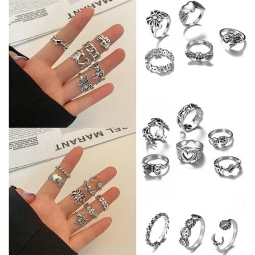 Vintage Silver Plated Angel Ring Set For Womens Gothic Punk Steampunk Butterfly Heart Moon Stars Skull Ring Sets Party Jewelry