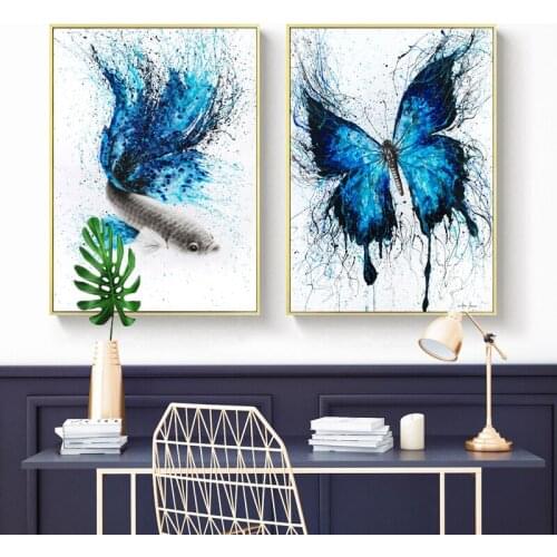 Wall Paintings Nordic Abstract Butterfly Fish Canvas Poster Prints Watercolor Wall Art Modern Home Room Decoration Frameless