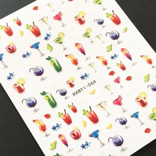 Newest HANYI-64 cocktail 3d nail manicure back glue decal decarations nail stickers manicure