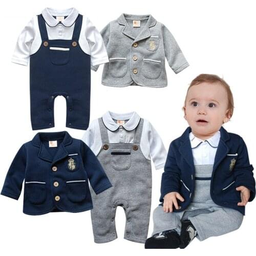 New Baby Boys Rompers Long Sleeve Turn-down Collar Bow Tie Gentleman Costumes Spring Autumn Cotton Infant Jumpsuits
