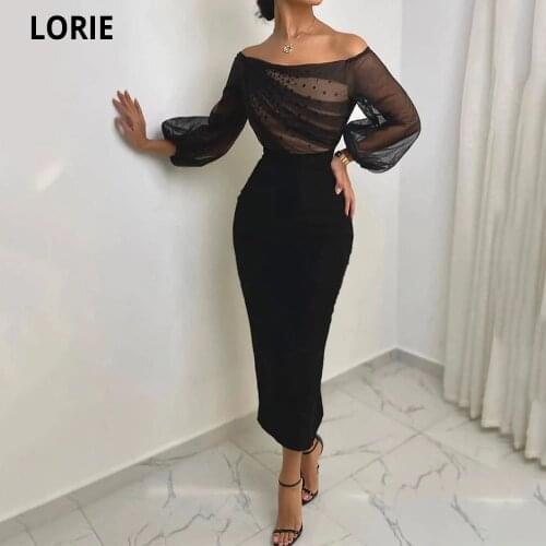 LORIE Black Off the Shoulder Prom Dresses Long Sleeves Ruched Beading Top Evening Gowns Tea-Length Sheath Wedding Party Vestidos
