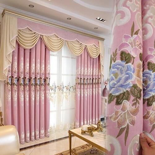 Europe Luxury Blue Peony Chenille Embroidered Blackout Curtains For Living Room Pink High-end Hotel Villa Bedroom Drapes #4