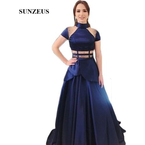 Navy Blue Satin African Women Evening Dresses Cap Sleeve A-Line Sequins Shiny Evening Gowns Waist Tieres Open Back Dress Gowns