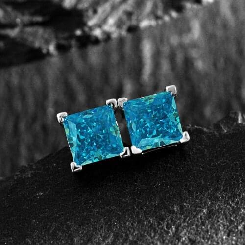 Princess Cut 6mm Aquamarine Stud Earring 100% Real 925 sterling silver Promise Wedding Earrings for Women Bridal Fine Jewelry