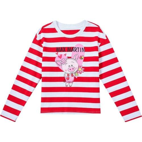 Women Spring Autumn New O-Neck Sweatshirts Female Fashion Letter Pig Print Striped Pullovers Casual Loose All Cotton Tops Z975