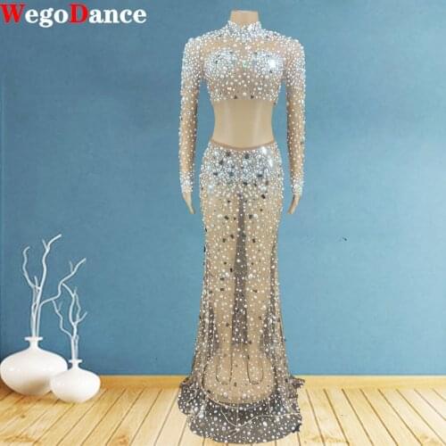 Sparkly Silver Rhinestone Mirror Transparent T-shirt Long Skirt Womens Birthday Celebrate Pearl Clothes Dancer Outfit Set