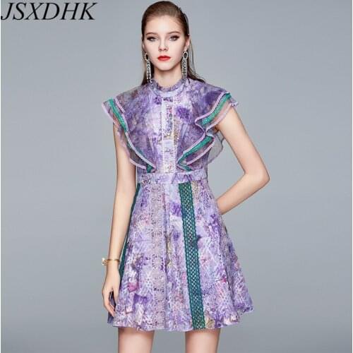 JSXDHK Fashion Design Summer Purple Flower Dress Women Ruffles Mesh Patchwork Lace Embroidery Butterfly Sleeve Party Mini Dress