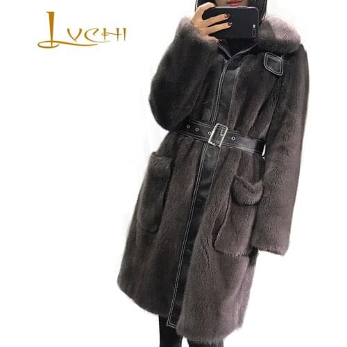 LVCHI Winter 2019 Import Mink Fur Coat Womens Genuine Leather Adjustable Waist Pockets Long Sleeve V-Neck Slim Mink Fur Coats