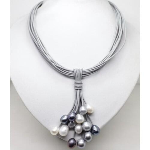 01 - 12 mm rel blanc noir gris perle d'eau douce pendentif collier en cuir cordon Magnet fermoir bijoux de mode