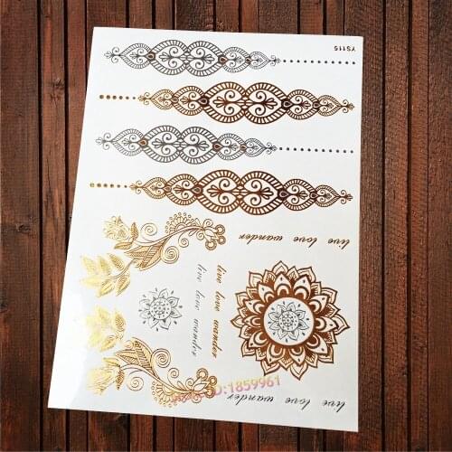 1PC Hot Popular Gold Silver Henna Tatoo Indian Chain Bracelet Tattoo Lace Sun Flower Arm Hand Makeup Flash Temporary Tattoo S115
