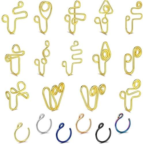 20 Pcs African Nose Cuff Non Piercing Fake Nose Ring Fake Piercings Gold Nose Cuff Clip on Nose Ring for Women Men Summer