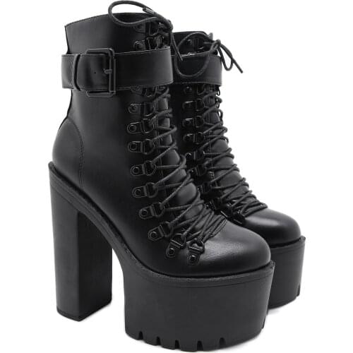 Fashion Motorcycle Boots Women Leather Spring Autumn Metal Buckle High Heels Shoes Zipper Black Ankle Boots Woman Lacing