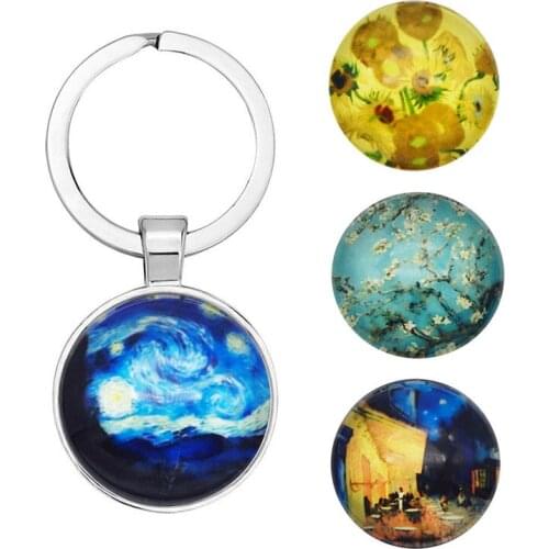 Julie Wang Van Gogh Art Keychain Round Glass Starry Night Sun Flower Painting Cabochons Key Chain Keyring