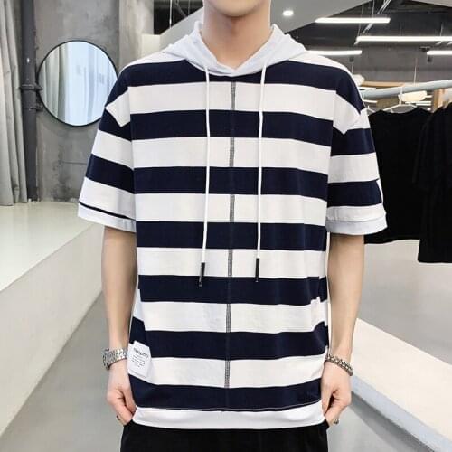 BROWON Nrand New Arrival Hooded Striped T Shirt Men Clothing 2021 Summer Short Sleeve T-Shirt Clothes Fashion Thin Loose T Shirt