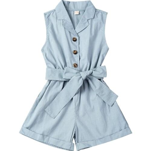Kids Girls Short Jumpsuit Cotton Pure Color Lapel Collar Sleevless Girl Romper Jumpsuit Playsuit Summer Casual Children Clothing