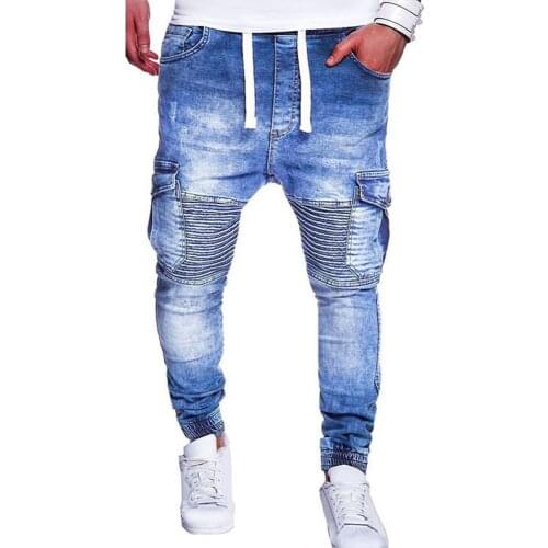 Oversize Men Jeans Fashion Multiple Pocket Pleated Knee Slim Men Drawstring Casual Denim Pants pantalon homme джинсы для мужчин