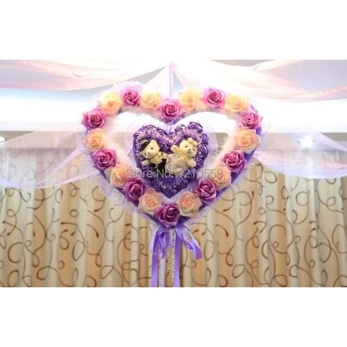 Purple Double Love Heart Double Bear Wedding Flower Ball+20 meters Organza+5 Pieces Pothooks for Wedding House Decoration