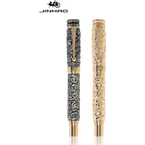 Jinhao Noble Metal Fountain Pen Dragon Cloud Heavy Big Pen Medium Nib Gray & Golden Carving Embossing Writing Gift Pen
