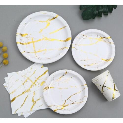 Quality Stamping Gold Marbling Disposable Tableware Marbling Gold Plates Napkins Cups Gold Happy Birthday Party Decor Kid Adult