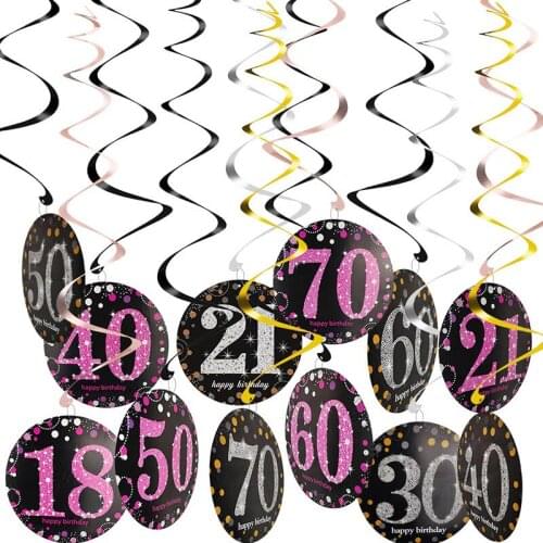 6set 18/30/40/50/60th Year Olds Plastic Spiral Ornaments With Age Sign Paperboard For Birthday Party Garland Hanging Decoration