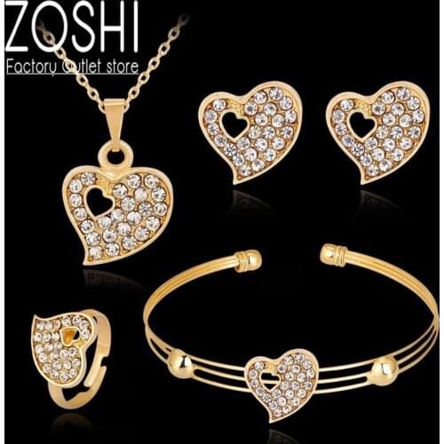 Fashion Dubai Gold Jewelry Sets Crystal Heart Necklace Bangle Ring Earrings Set Wedding Gift African Nigeria Jewelry for Women