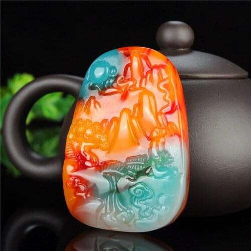 Natural Color Hand-carved Ping An Jade Pendant Jewelry Necklace Color Jade Red White Yellow Green Purple Jade Landscape Necklace
