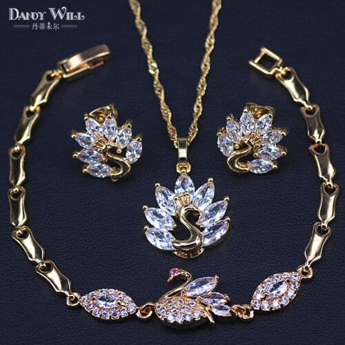 Swan Gold color jewelry set for women AAA+ Cubic zirconia costume jewelry set pendant earrings bracelet set christmas gift